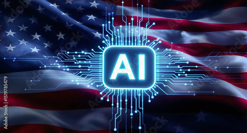 Circuit board AI logo with a waving American flag, representing national pride and technological innovation, Generative AI.
