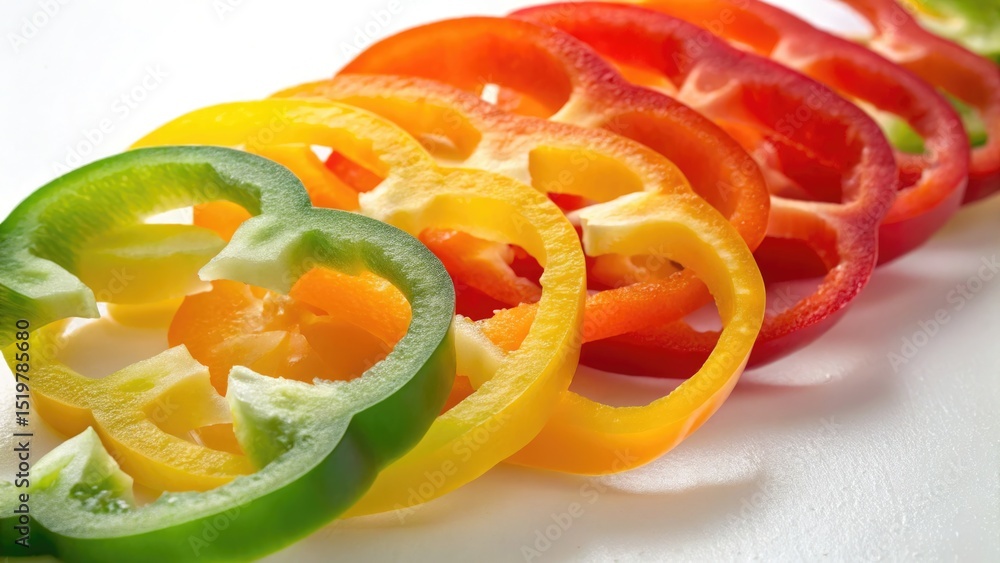 Close up of colorful, sliced bell peppers, showcasing freshness and vibrant hues on white Close up of colorful, sliced bell peppers, showcasing freshness and vibrant hues on white