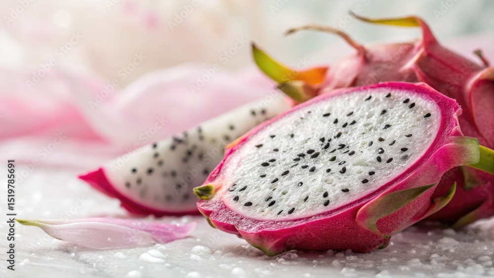 A close up of a sliced dragon fruit, displaying vivid pink and white colors. A close up of a sliced dragon fruit, displaying vivid pink and white colors.