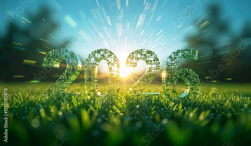 2026, en texture d'herbe sous le ciel bleu