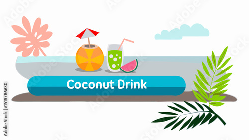 A tropical getaway with refreshing coconut drinks and watermelon slices summery vibes and vibrant colors under
