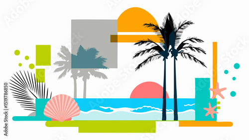 Dreaming of a tropical escape with pastel seashells and swaying palm trees in a colorful abstract landscape