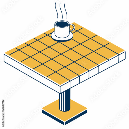 Isometric view of a steaming cup on a grid table with a square base stand
