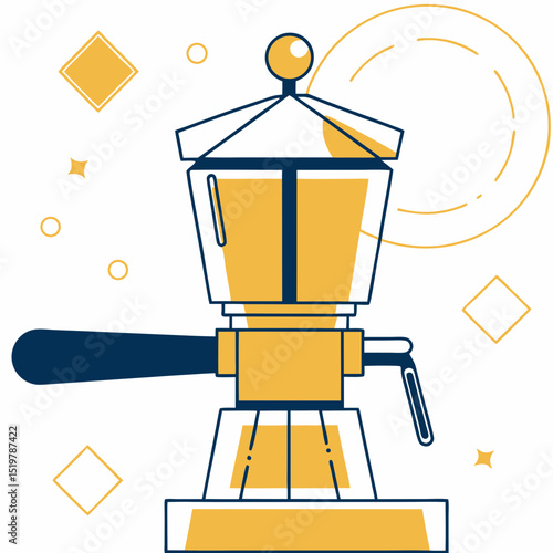 Illustration of a moka pot with geometric shapes on a white background