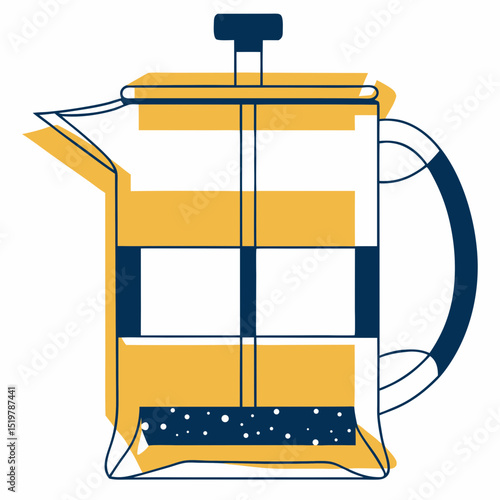 Illustration of a french press coffee maker with yellow and blue colors