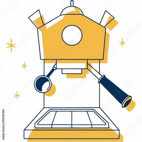 Illustration of a coffee machine with yellow and blue line art design