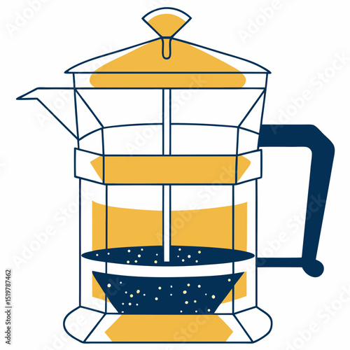 Illustration of a french press with coffee grounds and brewed coffee inside