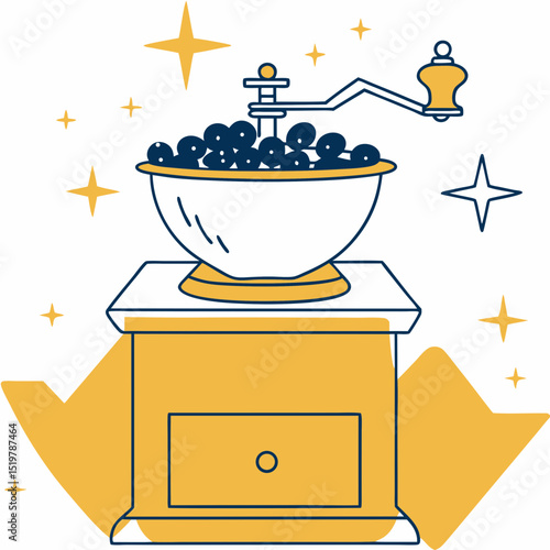 Illustration of a coffee grinder filled with beans on a small cabinet