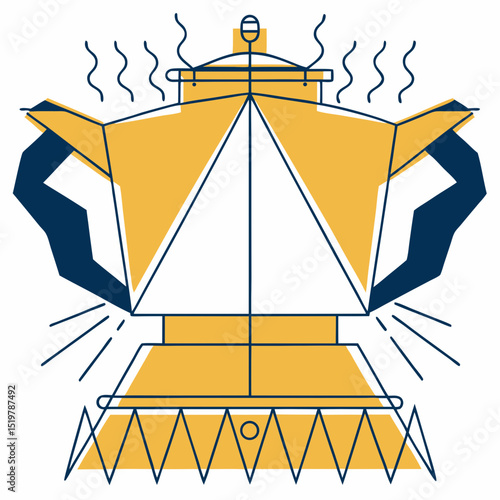 Stylized illustration of a yellow moka pot with steam and blue accents