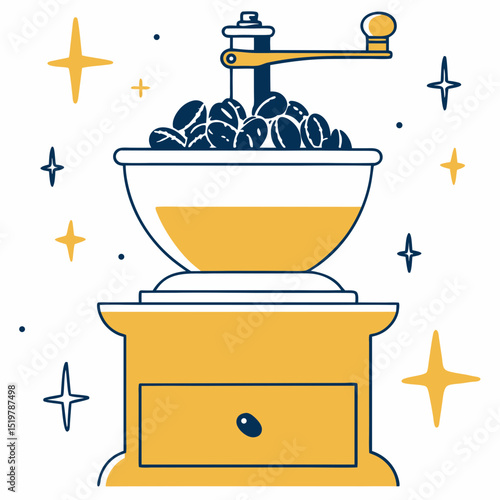 Illustration of a coffee grinder filled with beans and shining stars around