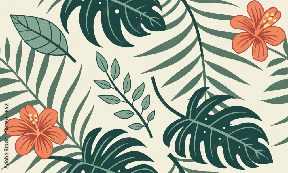 Fototapeta premium Summer Tropical Leaves Pattern Illustration
