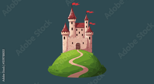 Fairytale castle on hill with red flags
