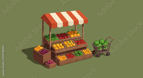 Farm market stall produce grocery shopping cart