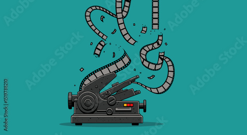 Film projector with broken movie film strip