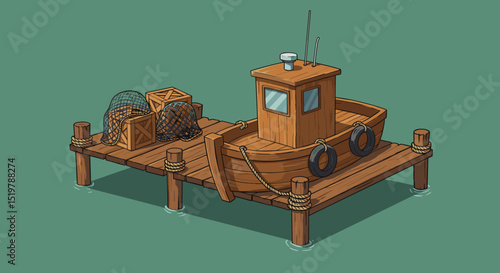 Fishing boat on dock with nets and crates
