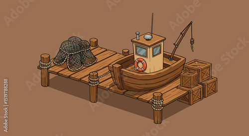 Fishing boat on dock with crates and nets