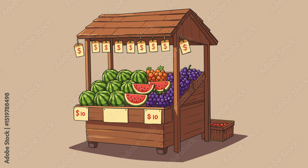 Obraz premium Fruit stand with watermelons grapes and oranges