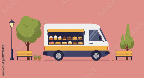 Food truck with pastries, park scene