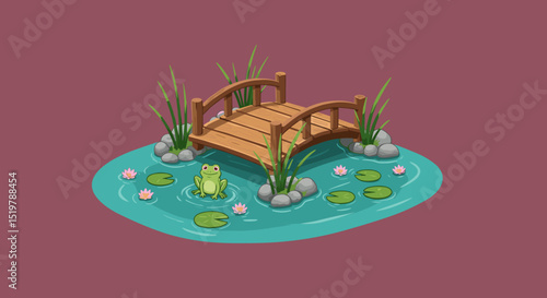 Frog pond with wooden bridge and lily pads