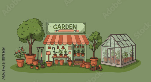 Garden shop with greenhouse and plants
