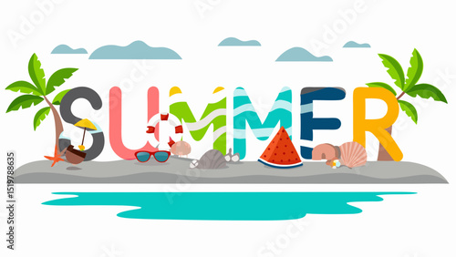 Colorful Summer Celebration on the beach with palms seashell watermelon and sunshine holiday vibe in vibrant