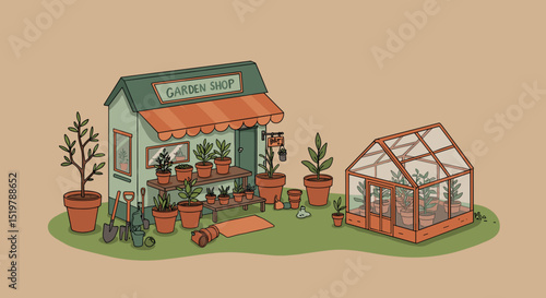 Garden shop with greenhouse and plants
