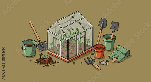 Gardening tools and seedling greenhouse setup