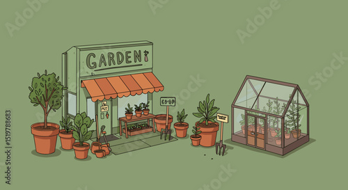 Garden store front with plants and greenhouse