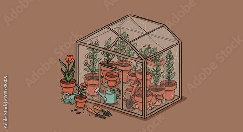 Greenhouse with plants and gardening tools artwork