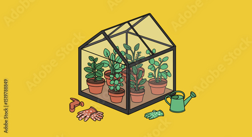 Greenhouse with potted plants and gardening tools