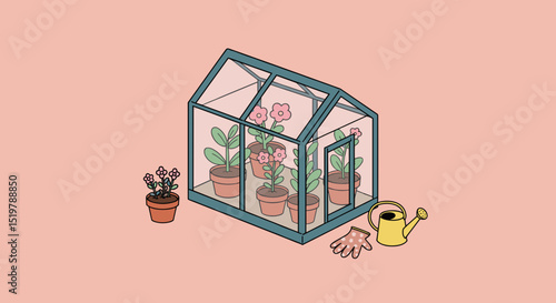 Greenhouse with potted plants, watering can, glove
