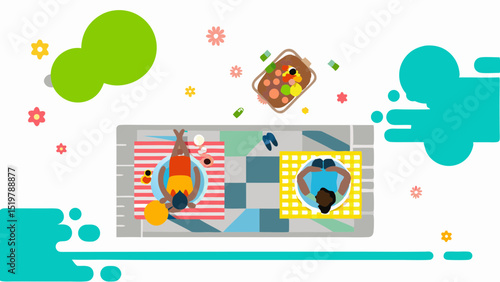 Friends enjoying a sunny summer picnic together sharing food and drinks on colorful beach towels simple
