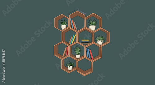 Hexagonal shelf with books and plants decor