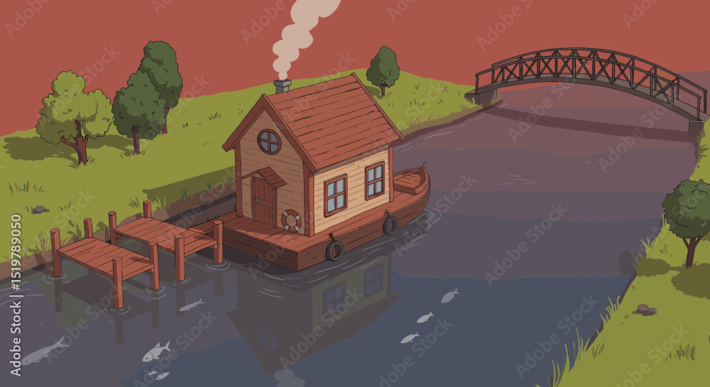 Naklejka premium Houseboat on river with bridge and trees