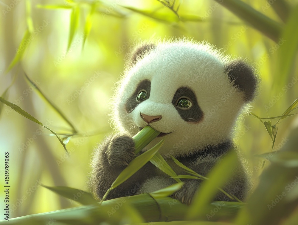 Obraz premium Close-up of a baby panda chewing bamboo, blurred bamboo forest
