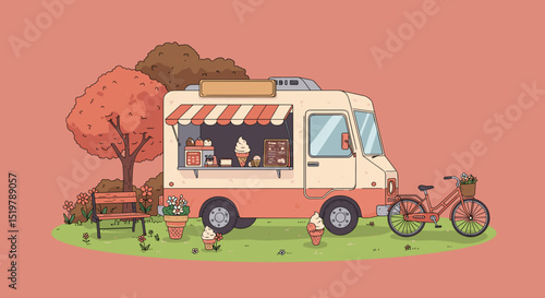 Ice cream truck and bicycle in park scene