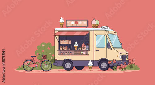 Ice cream truck with bicycle and flowers