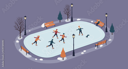 Ice skating park scene with people skating