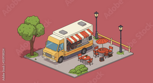 Isometric food truck serving area at park