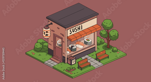 Isometric sushi shop outdoors with benches tree