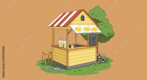 Lemonade stand with stool, tree and flowers.