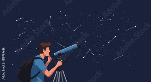 Man looking at stars through telescope astronomy