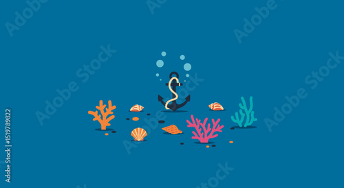 Ocean floor with anchor, corals and shells