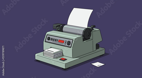 Old teletype machine with paper sheet and dial