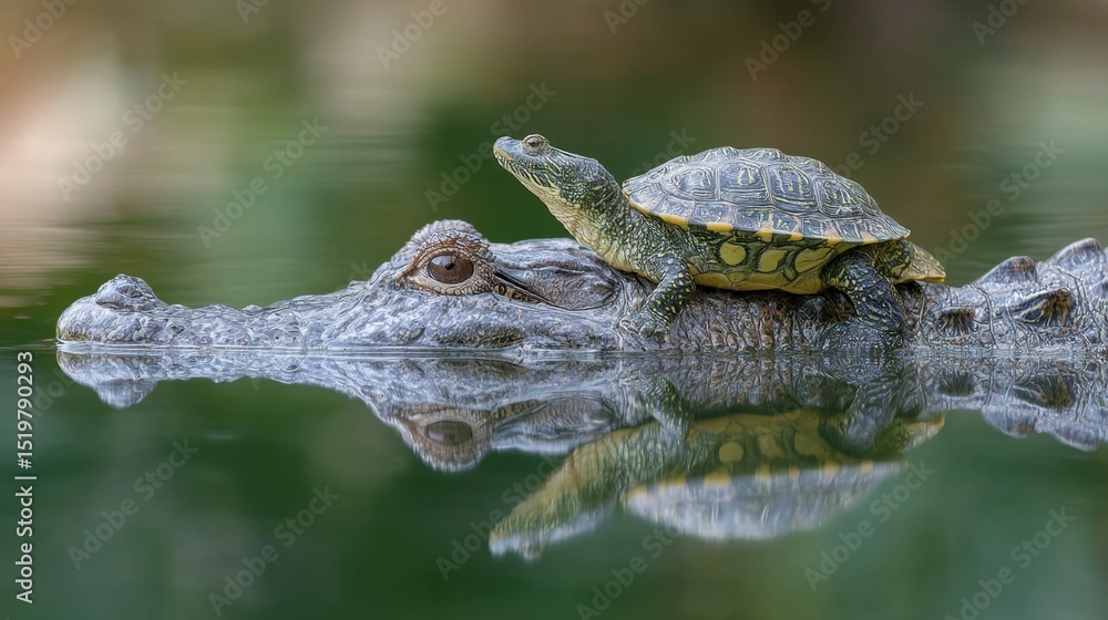 Obraz premium A turtle sits calmly on the back of a crocodile in a serene lake, showcasing a unique moment in nature's harmony and companionship