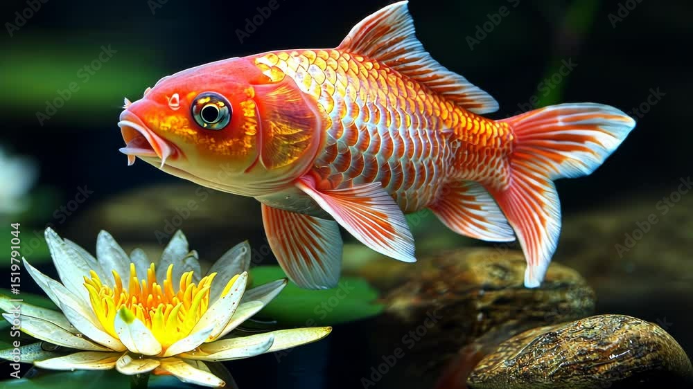 Vibrant koi fish near white lotus flower Vibrant koi fish near white lotus flower
