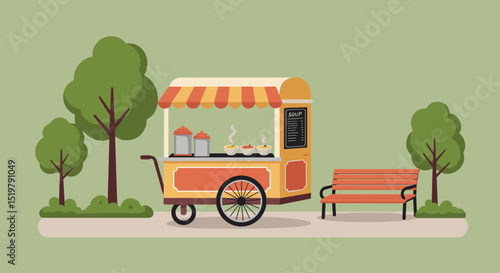 Soup cart in park with bench and trees