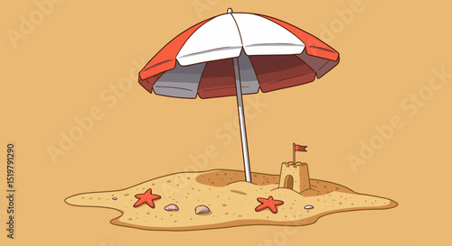 Summer beach scene with sandcastle and umbrella