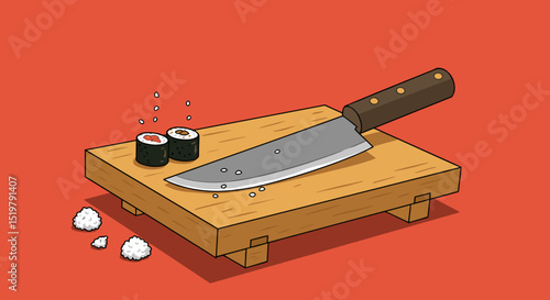 Sushi preparation with knife on wooden board