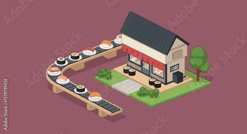 Sushi restaurant with conveyor belt for serving food